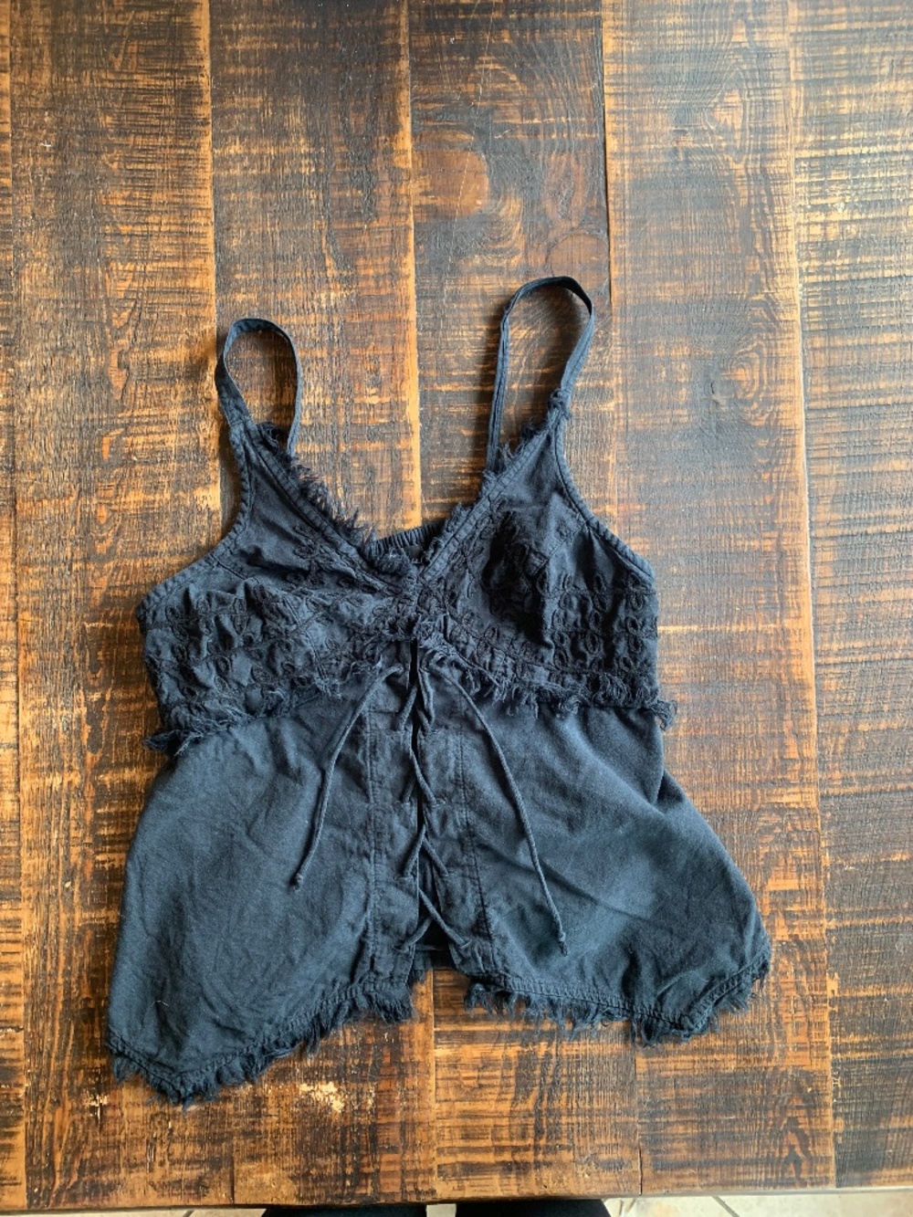 Gretty Zueger Y2K Black Cotton Smocked Lace Up Boho Cami Tank Top S Vintage